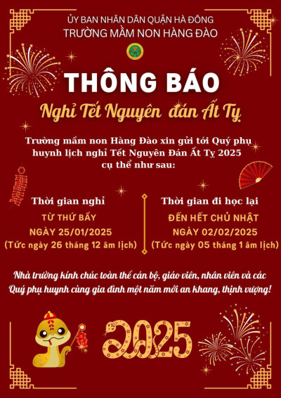 THÔNG BÁO NGHỈ TẾT NGUYÊN ĐÁN ẤT TỴ 2025