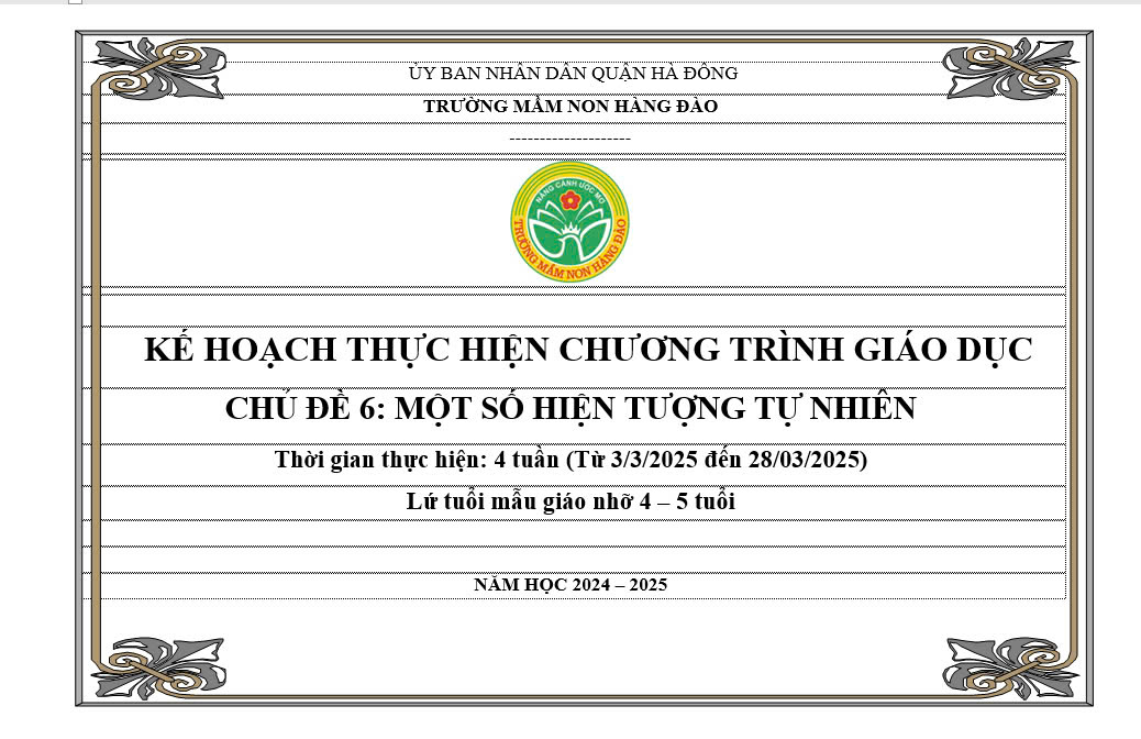 Kế hoạch thực hiện chương trình giáo dục chủ đề 6 lứa tuổi MGN