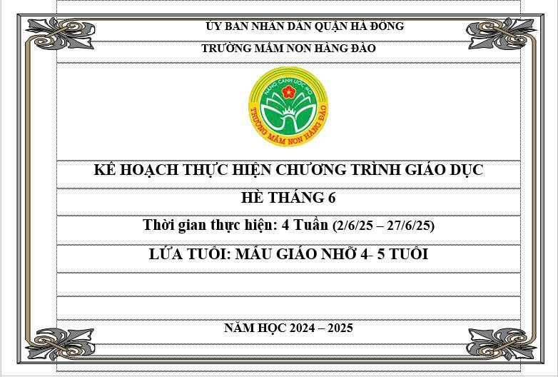 KẾ HOẠCH THỰC HIỆN CHƯƠNG TRÌNH GIÁO DỤC THÁNG 06 KHỐI MẪU GIÁO NHỠ
