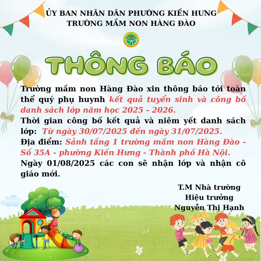 THÔNG BÁO CÔNG BỐ KẾT QUẢ TUYỂN SINH NĂM HỌC 2025–2026