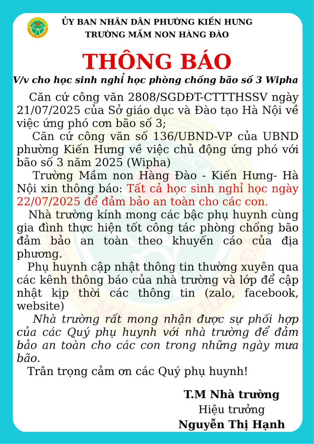 Thông báo về việc cho học sinh nghỉ học phòng chống bão số 3 Wipha